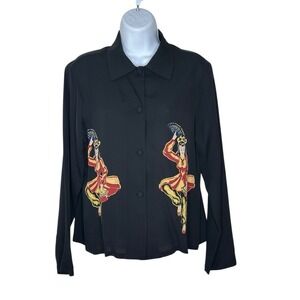 Harari Blouse SMALL Silk Asian Fan Dancers Button Front Top USA Black Geisha